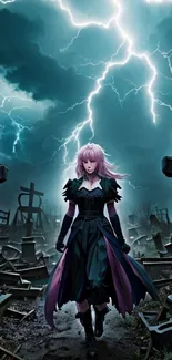 Gothic figure in stormy cemetery with lightning and gravestones.