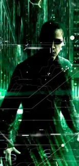 Dark figure in a green digital cityscape, exuding a cyberpunk vibe.