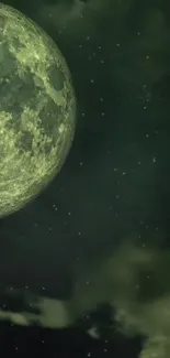 Mystic green moon amidst a starry dark sky.