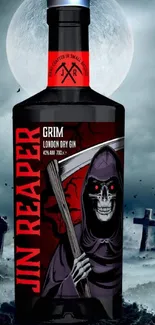 Grim Reaper gin bottle on a moonlit graveyard background.