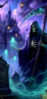 A mystic Grim Reaper with glowing blue aura and gothic scenery.