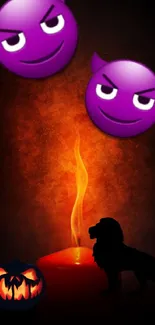 Mystic Halloween wallpaper with emojis and candle glow.