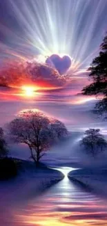 Mystical landscape with a heart-shaped sunset and trees.