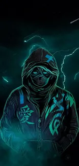 Hooded figure in teal digital art with lightning and mystic elements.