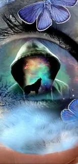 Hooded figure with cosmic landscape, butterflies, and wolf silhouette wallpaper.