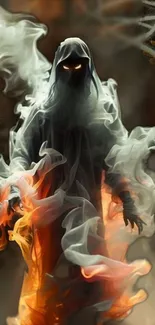 Ghostly figure emerging from fiery mist.