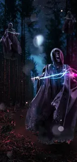 Hooded figures in a dark forest with neon lights.