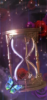 Mystical hourglass with butterfly and roses on dark background.