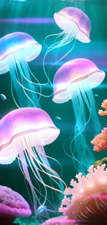 Vibrant jellyfish swim among corals underwater.