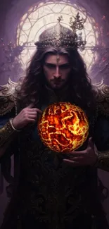 Mystic king holding a glowing, fiery orb in a dark, regal setting.