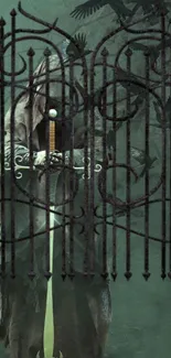 Knight behind iron gates with sword in a dark, misty forest.