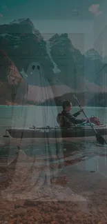 Kayaking on a mystical lake with ghostly overlay.