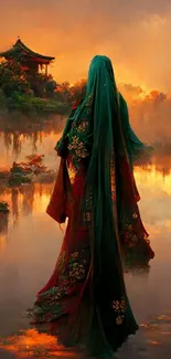 Enchanting figure reflecting in a glowing, tranquil lake at sunset.