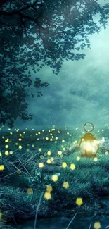 Mystical forest at night with glowing lantern and fireflies under teal sky.