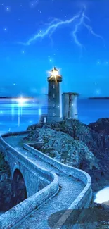 Mystical lighthouse under a starry night sky with ocean view.