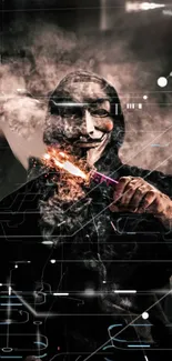 Person in mask with smoky background, holding a spark.