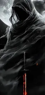 Hooded figure with sword under full moon.