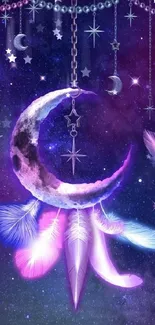 Crescent moon and feathers on a starry purple background.