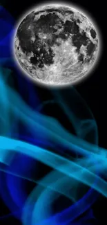 Moon and blue wisps on a black background in a mesmerizing phone wallpaper.