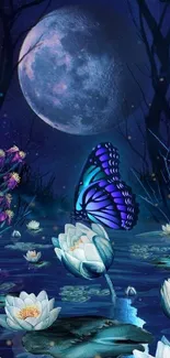 Moonlit blue butterfly with lotus flowers in a tranquil night scene.