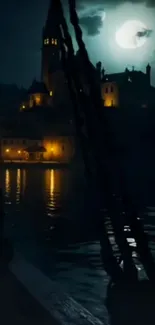 Moonlit castle with water reflections at night.