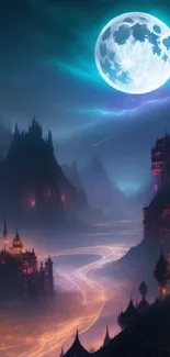 Mystical moonlit castle in a fantasy landscape wallpaper.