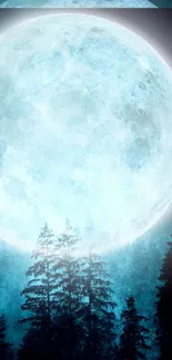 Mystic moonlit forest wallpaper with glowing full moon over trees.