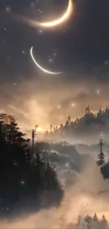 Mystic forest wallpaper with glowing crescent moons and starry night sky.