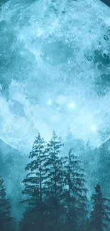 Moonlit forest with full moon and teal glow, perfect for mobile wallpaper.