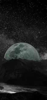 Mystic moonlit mountain with starry sky wallpaper.