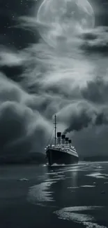 Ship sailing under moonlit sky on serene ocean.