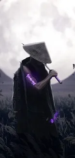 Mysterious samurai with glowing sword under full moon in a field at night.