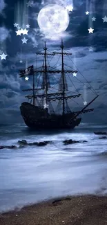 Moonlit ship sailing on a serene night ocean.