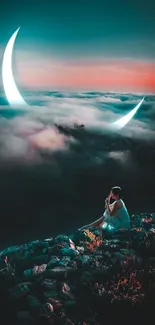 Person sitting under a crescent moon in a cloudy sky at dusk.