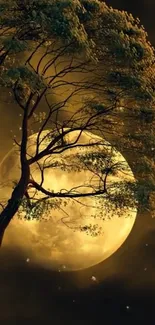 A tree silhouetted against a glowing full moon and starry sky.