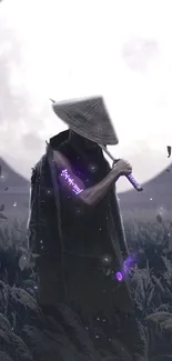 Mystic wanderer in a moonlit field with purple accents.