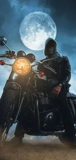 Biker under a full moon with a motorcycle in a mystic night setting.