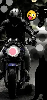 Mysterious motorcyclist on a forest road with silhouette and emoji elements.