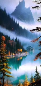 Misty mountain lake with cabin and colorful autumn forest.