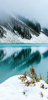 Mountain lake with mist and snow on a serene winter morning.