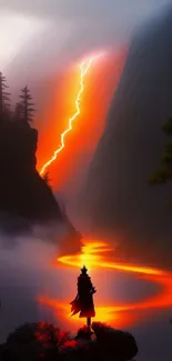 A vibrant lightning strike over a mystical mountain valley with a glowing river.