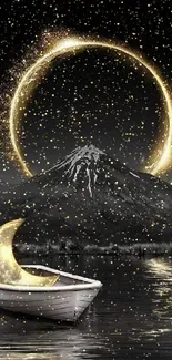 Surreal mountain and moon scene with a crescent and glowing ring.