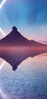 Mystic mountain with serene reflection in moonlit sky and tranquil waters.
