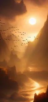 Mystic mountain sunset with birds and glowing sky.