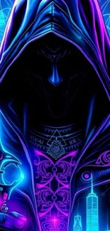 Mystic neon hooded figure with glowing symbols.
