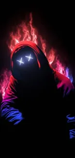 Hooded figure with glowing eyes on neon background.