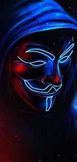 Neon mask art on a dark hooded figure with vivid colors.