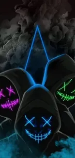 Three neon-lit masks with smoky dark background wallpaper.