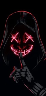 Hooded figure with glowing red neon mask on black background.