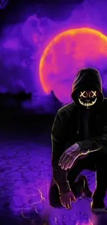 Hooded figure kneeling under a neon purple moon.